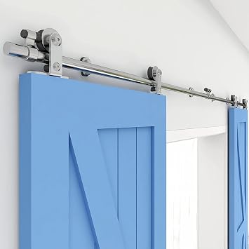 5FT Stainless Steel Sliding Barn Door Hardware Track Kit Top Mount T Hanger Set for Double Dooruse, Easy to Install
