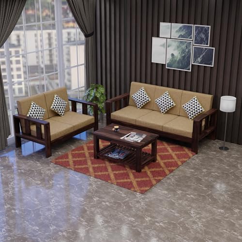 Image of Krishna Wood Decor Sheesham Wood 5 Seater Sofa Set for Living Room Home Office Solid Wood Sofa Set Furniture Wooden Five Seater Sofa Set | 3+2 with Coffee Table | Finish :- (Dark Walnut & Beige)
