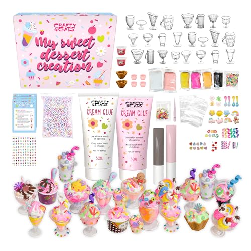 CRAFTY CATS Kit de manualidades Fiesta de Postres 115 piezas Arcilla al aire, perlas, pegamento crema con boquillas Set creativo DIY, cumpleanos y regalo, para ninos 6+