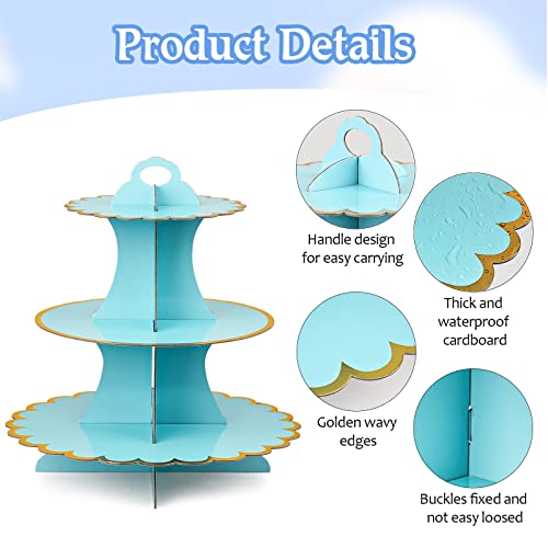 3 Pcs Cardboard Cupcake Stand 2 Set Of 3 Tier Cupcake Stand For 24 Cupcakes And 1 Large Cake Display Serving Tray Cupcake Tower Set For Wedding Baby Shower Birthday Party Decor, Blue #TOP2