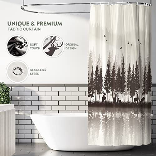 Brown Misty Forest Shower Curtain Waterproof Fabric Deer Shower Curtain Nature Mountain Shower Curtains For Bathroom Woodland Rustic Bathroom Decor Curtain, 72×72 Inch Shower Curtain Set With Hooks #TOP2
