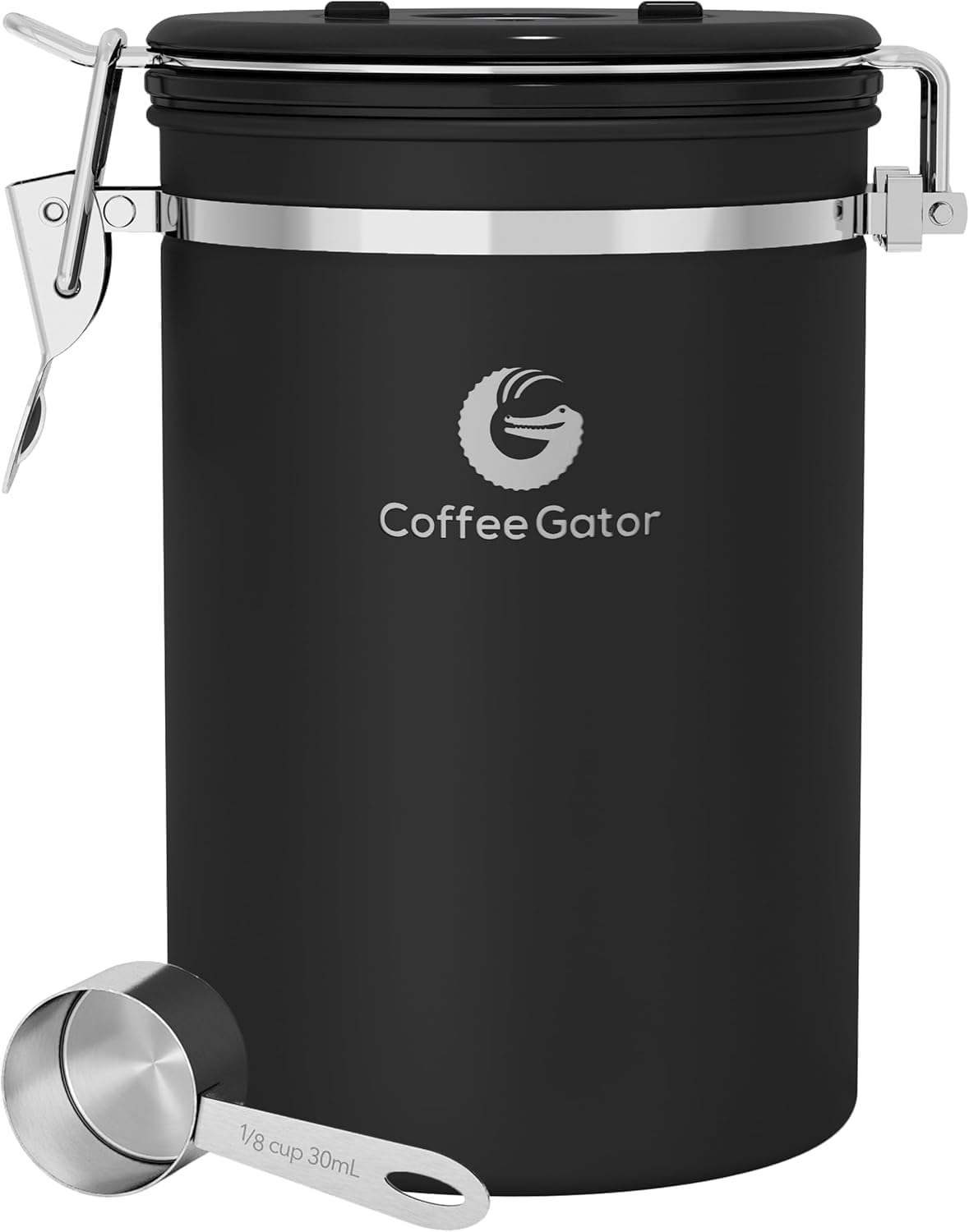 Coffee Gator Coffee Canister, 22oz Airtight Stainless Steel Kitchen Food Storage Container with Date Tracker, Valve, Scoop for Sugar, Grounds, Beans, Tea, Sugar, Cereal, Flour, Cookies Jars – Black
