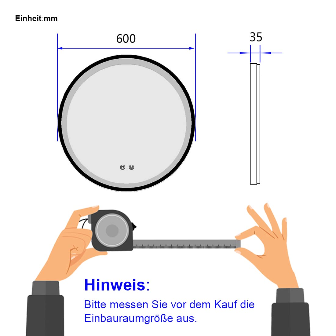 EMKE Badspiegel mit Beleuchtung rund 60cm Durchmesser, Badezimmerspiegel mit schwarzer Rahmen, 3 Lichtfarbe dimmbar, Speicherfunktion, Touch, 3 Stunden Auto-Abschaltung energiesparend wandspiegel