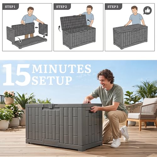 YITAHOME 60 Gallon Resin Deck Box, Weather Resistant Outdoor Rattan Storage Box with Slide-Locking Lid, Lockable Indoor Outdoor Storage for Supplies and Essentials, Taupe