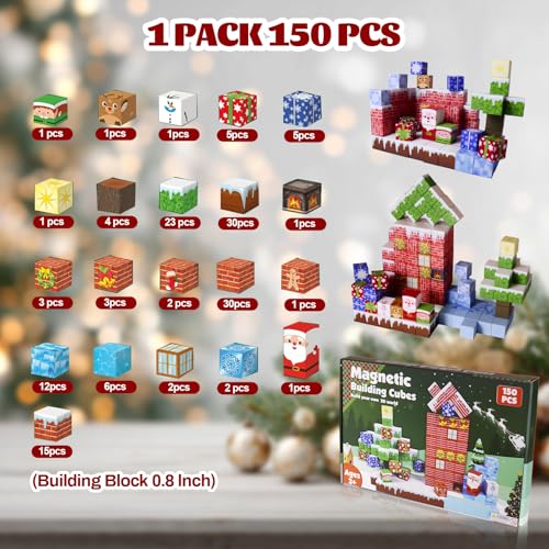 Magnetic Blocks - 150 PCS Magnets Block 3D Sensory Educational Interactive Building Toy Set for Toddlers Kindergarten Creative STEM Learning Gift, Magnet Tiles Construction Suit, Snow and Christmas