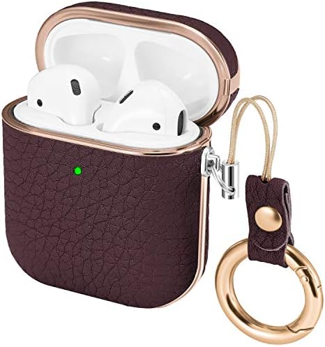iHillon Compatible with Airpods Case, Classic Genuine Leather Skin TPU Protective Cover with Keychain Compatible with Airpods 2 & 1 Wireless and Wired Charging Case (Front LED Visible)(Wine Red)