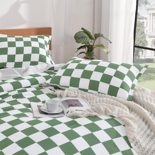 Image of Andency Green Checkered Comforter Full(79x90Inch), Plaid Gingham Buffalo Grid Bedding Comforter Sets for Boys Kids Teens, 3 Pieces Lightweight Polyester Geometric Preppy Bed Set