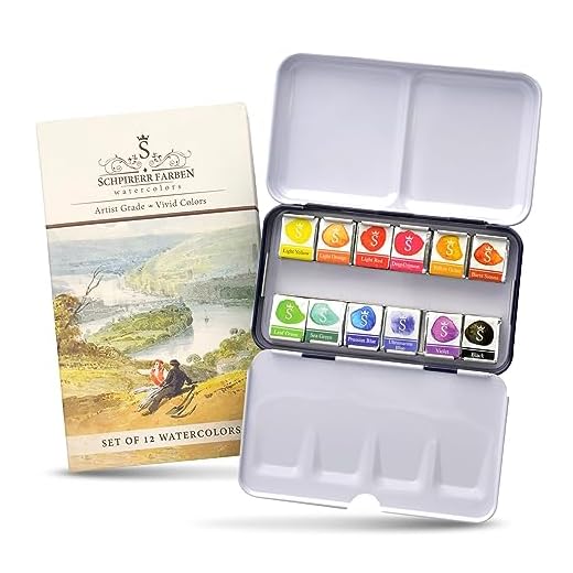 Water Color paint set, 12 colors Art Gallery Quality Collection, Lifelong Brilliance Richest Pigmentation Watercolor Palette Half Pan for Professional Artists SCHPIRERR FARBEN