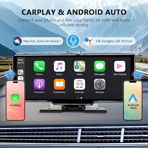 10.26 Inch Wireless Apple Carplay Screen for Car, Bluetooth Car Tablet with Apple Car Play and Android Auto Screen/1080P HD Rear Camera/FM/AUX/Mirror Link/Voice Control/GPS Navigation - 2