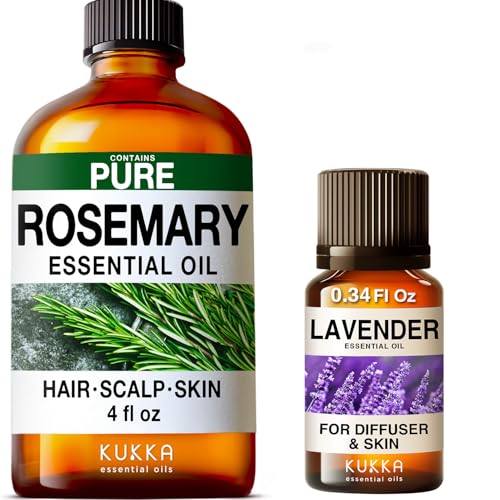 Image of Rosemary Oil for Hair (4 fl oz) & Lavender Oil Essential Oil for Diffuser (0.34 fl oz) Set - Aromatherapy Grade Essential Oils Set - Kukka