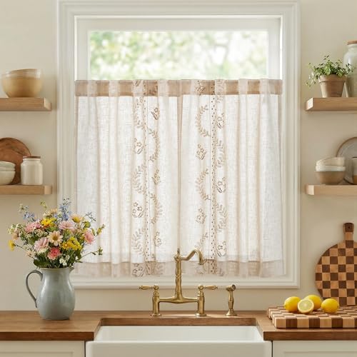 Image of jinchan Beige Floral Linen Kitchen Tier Curtains 36 Inch, 2 Panels