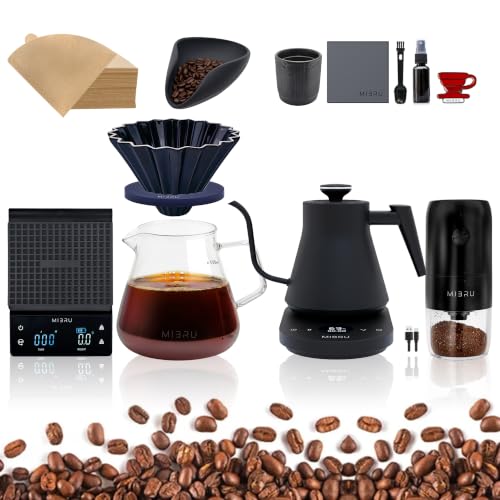 MIBRU V60 Pour Over Coffee Maker Set 10pcs Complete Barista Kit with Electric Coffee Grinder Gooseneck Kettle Scale Doser Filters Manual Drip Brew Set