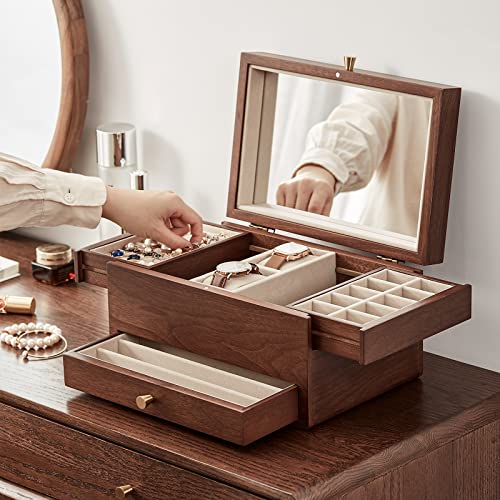 CHOSIN Black Walnut Jewelry Box for Women, 3-Level Multi-functional Organizer with Mirror for Watches, Necklaces, Rings & Earrings Storage Valentine's Day Gifts