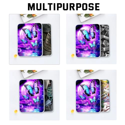 Image of Metal Tin Box with Lid for Game Cards Home Organizer Candles Keys Crafts Storage - Equipped with 4 Magnetic Cord Clips,Purple Moon Blue Butterfly