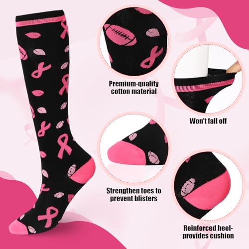 24 Pairs Breast Cancer Awareness Football Socks Pink Ribbon Knee High Compression Socks for Women Men Sport3