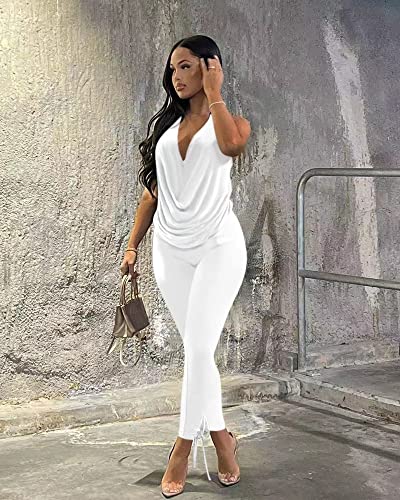 Doweha Women's Sexy Summer Two Piece Outfits Sleeveless Backless Deep V Neck Tank Tops And High Waisted Pants Matching Sets4