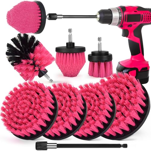 Image of 8 Pack Drill Brush Attachment Set, 1 /4in Power Scrubber Brush + Extend Long Rod, Multi-Purpose Power Cleaning Scrub Brush for Bathroom, Tub, Tile, Corner, Floor(Hot Pink)