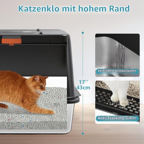 Bartuke Edelstahl-Wurfkiste,XXL Geschlossenes Katzenklo mit Schaufel für Großkatzen, Nicht klebend, auslaufsicher, leicht zu reinigen (Schwarz)