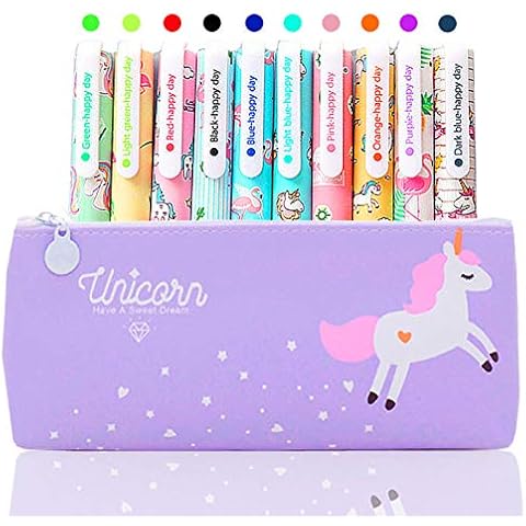10 Pcs Unicorn Pens with Pencil Case School Gift Stocking Filler for Girls Age 6 7 8 9 10 11 12 Years Old, TOYESS Cute Flamingo Pens Set Ballpoint Writing Smooth Kids Birthday Present, Purple Cover