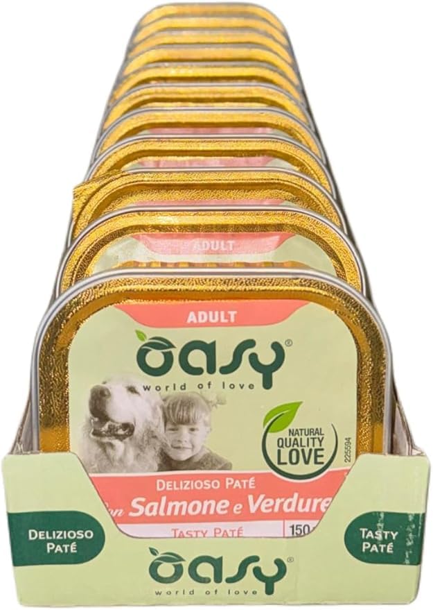 Oasy Paté per Cani Adulti con Salmone e Verdure, 11 vaschette da 150Gr