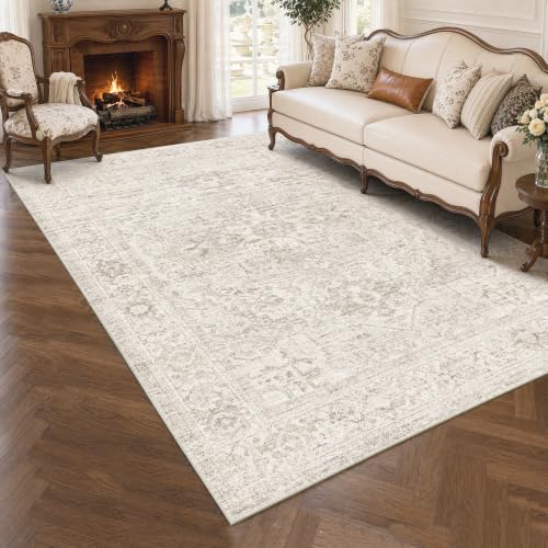 Image of Beauoop Washable Area Rug Beige Neutral 120x170cm Vintage Non Slip Low Pile Distressed Traditional Oriental Indoor Carpet for Living Room Bedroom Soft Retro Mat Thin Rug for Dining Office Entryway