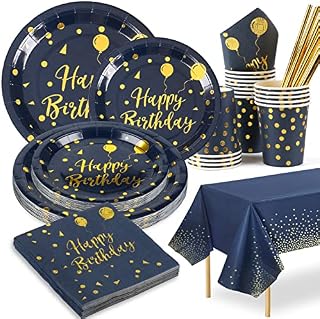 Jonvell Royal Blue Gold Party Supplies Birthday Party Tableware Set Navy Blue Party Paper Plates Cups Napkins Straws Tablecloth Royal Blue Birthday Party Plates for 16 Guests