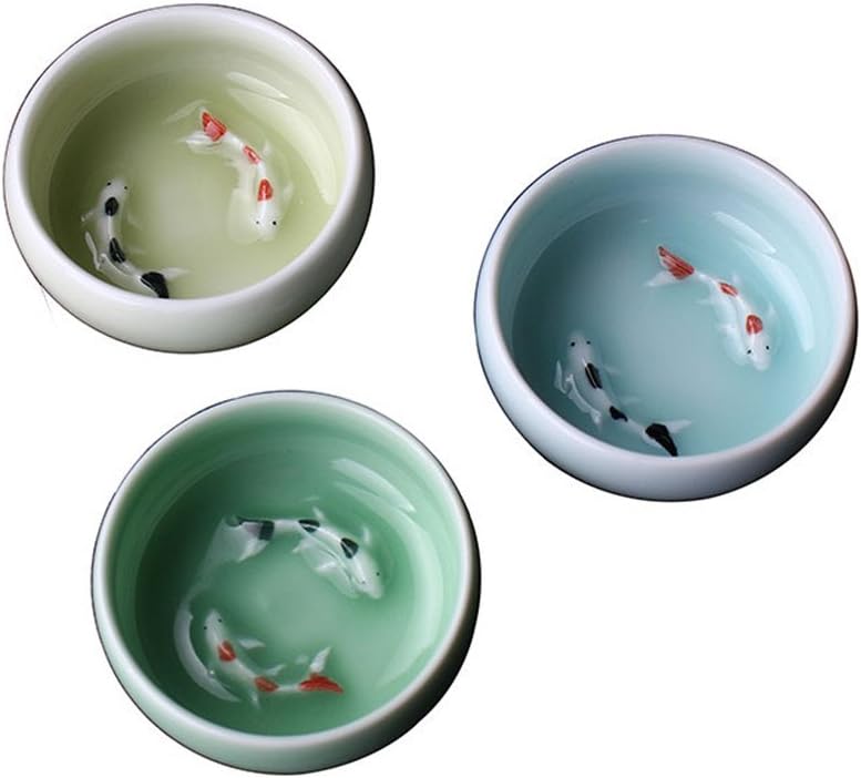 Handmade Celadon Chinese Kung Fu Small Volume Teacups 2oz. Vivied Fish (3 Colors, set of 3)