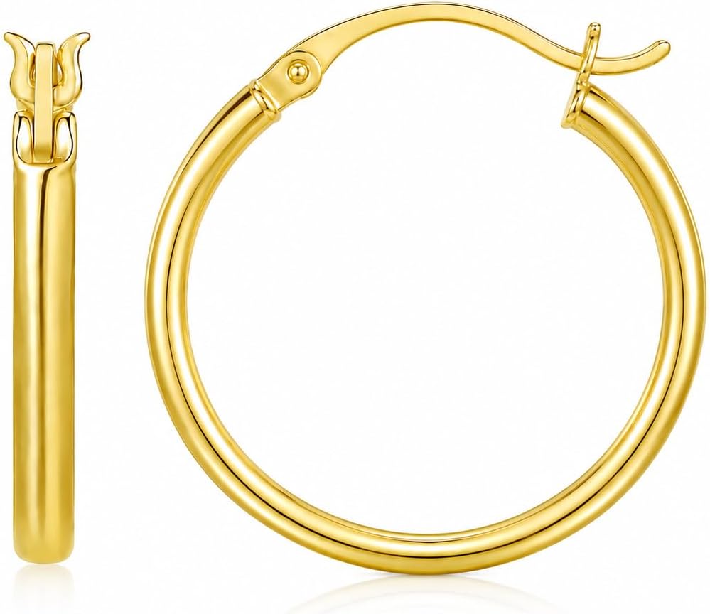14K Yellow Gold Hoop Earrings for Women, Real Gold Classic Round Hoops, Lightweight Earrings with Secure Click-Top Closure, Small To Large Elegant Jewelry Gift for Daily Wear 12mm/16mm/25mm/30mm/35mm