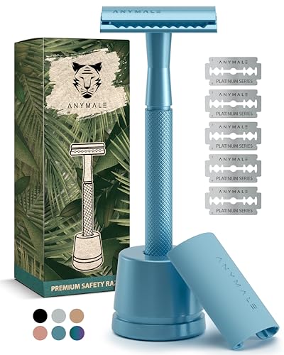 ANYMALE® Rasierhobel - Set mit Ständer und Klingenschutz - 5 Klingen inklusive - Zero Waste Rasierer für Damen und Herren - Arctic Edition
