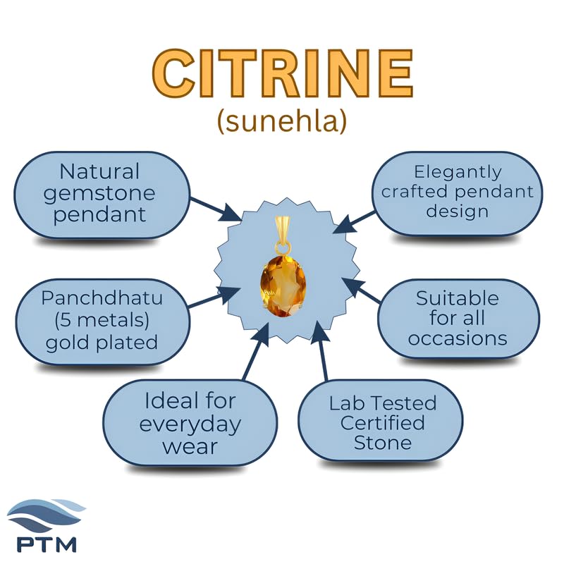 Image of PTM Citrine /Sunehla 3.25 Ratti to 10.25 Ratti or 3 Carat to 9.5 Carat Natural Certified Astrological Gemstone Panchdhatu /5 Metals 22k Gold Plated pendant for Men & Women -vdhp2