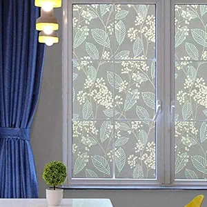 SHREE G PVC Premium Leaves Heat Control Decorative Sticker Privacy Frosted Window Film for Home Office Bathroom Living Room Kitchen Door Glass Cabinet Sliding Window (Blue, 12x25 Inch)