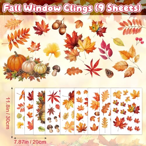 Image of Fall Window Clings Decor Pumpkin Maple Leaf Autumn Thanksgiving Decorations | 9 Sheets Window Stickers for Glass Windows, Fall Harvest Decals for Home Office School Classroom, Holiday Party Supplies