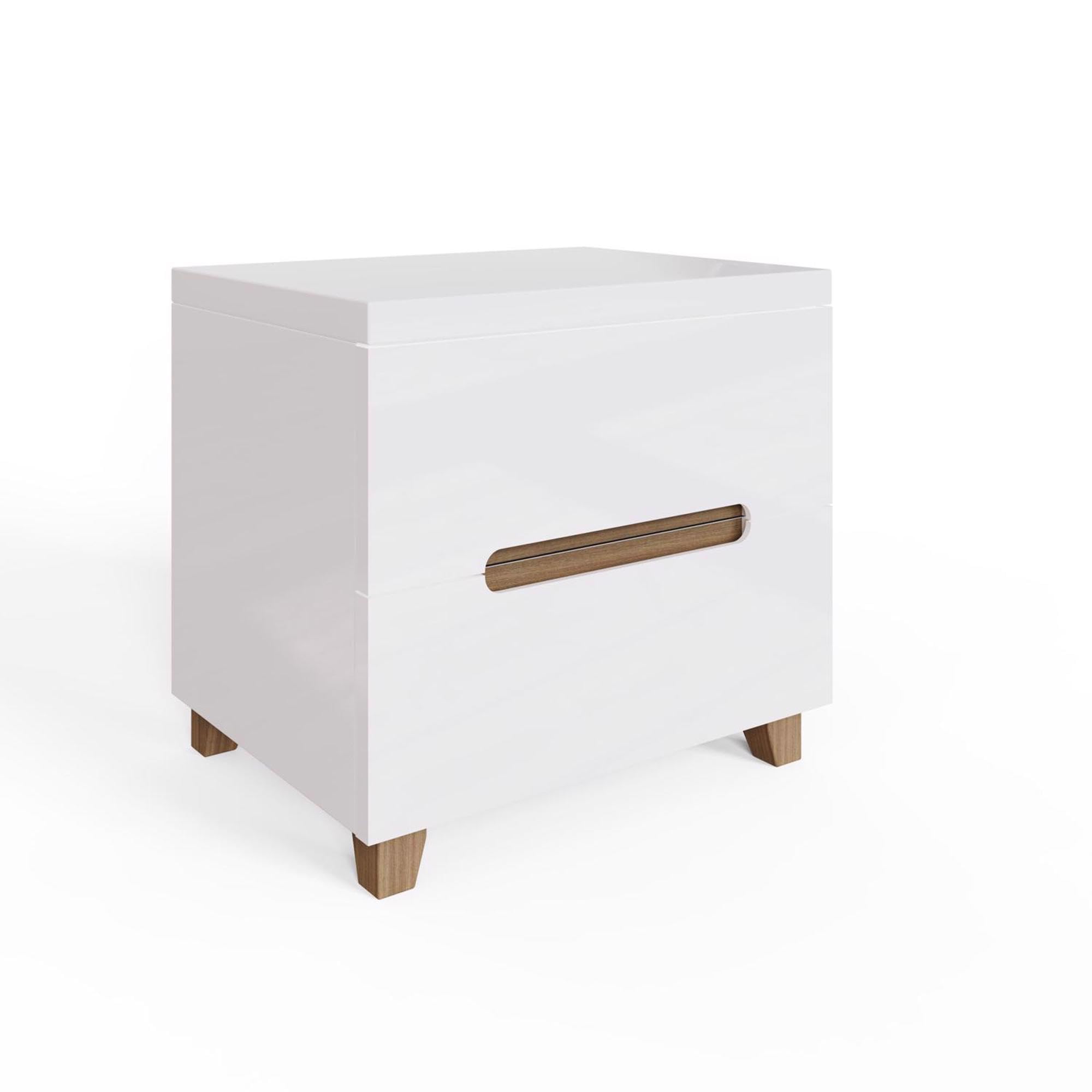 FWStyle All White Gloss Bedside Cabinet Oak Detailing. Click together assembly. H42 x W45 x D35cm