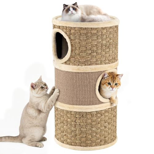 COSTWAY Barril Rascador para Gatos de 3 Pisos, 70 cm Torre para Gatos con Poste Rascado de Sisal con Cama Acolchada, Árbol Rascador para Gato en Forma de Barril, Casa para Gatitos de Interior