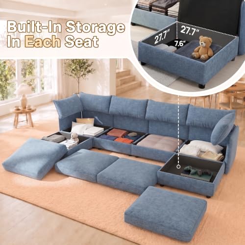 Image of 95.5 inch 6 Seat Modular Sectional Sleeper Sofa, Chenille Modern Modular Sofa Bed Hidden Storage, Convertible L&U Shaped Sleeper Couch with Ottoman, Couches for Living Room, Blue
