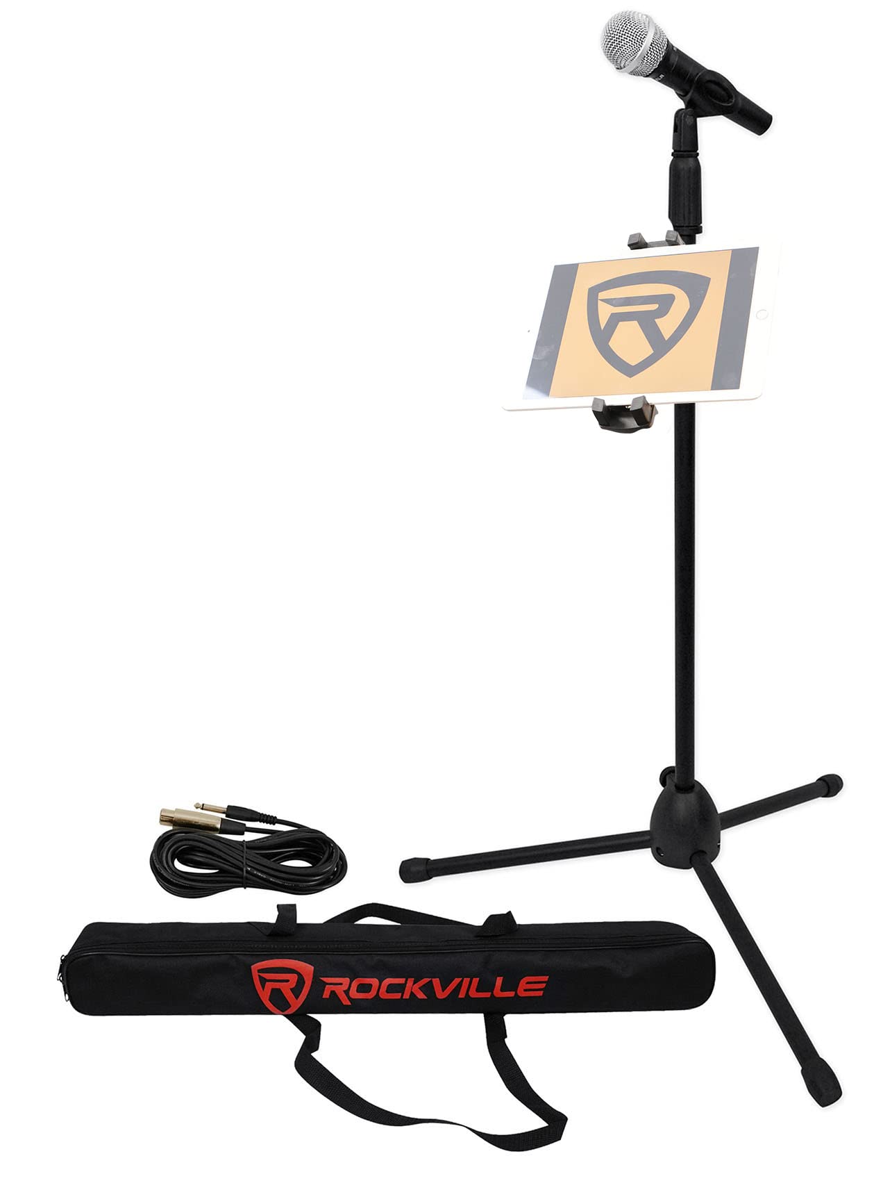 (1) Rockville Pro MIc Kit 1 - High-End Metal Microphone+Mic Stand+Carry Bag+Cable Bundle with (1) Rockville iStand 44 iPad/iPhone/Smartphone/Tablet Mount-Clamps to Any Stand/Desk (2 Items)