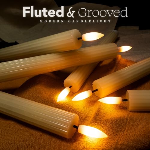 Image of 10 inch Fluted Ribbed LED Ivory Grooved Real Wax Taper Candles, Remote & 24h Timer Memory, On /Off Switch - Flameless Dimmable Battery Operated w /Flicker Mode, Home Wedding Decor (6 Pack)