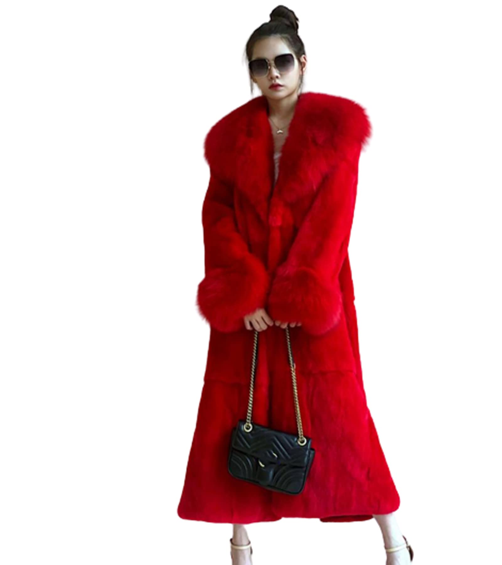 Womens Winter Fur Collar Coats, Women Faux Furs Coat Warm Outerwear Long Coat, Ladies Loose and Casual Outwear,red,S