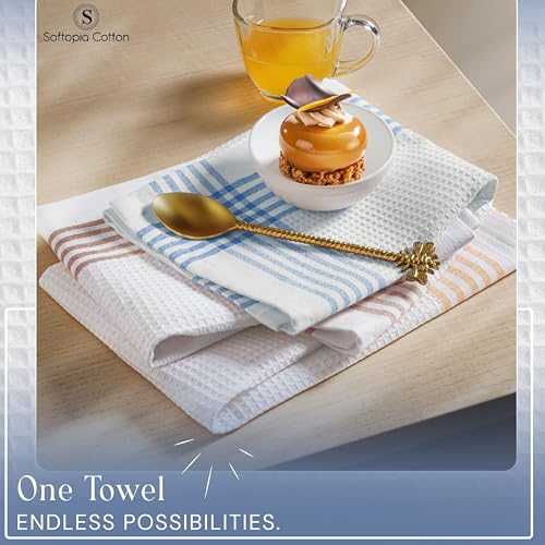 Image of Waffle White & Multi Colors Kitchen Towels Set of 12, 100% Cotton, 16x26 inches, Durable Dish Towel, Quick Dry Dishcloths, Ideal for Drying, Wiping - Mustard Yellow, Sky Blue, Brown