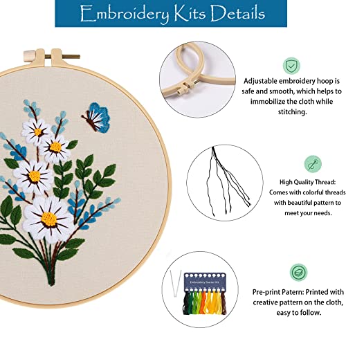 Image of Embroidery Kit for Beginners,Cross Stitch Kits for Adults DIY Craft 3pcs Embroidery Pattern Needlework Fabric Embroidery Thread and Needles 1pcs Embroidery Hoop Adult Stitch Stuff Sewing Kit Gift