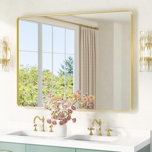 Image of TETOTE 48 x 36 Inch Gold Mirrors Brushed Gold Metal Framed Bathroom Mirror, Tempered Glass, Modern Farmhouse Wall Mounted Mirror for Decorative(Horizontal /Vertical)