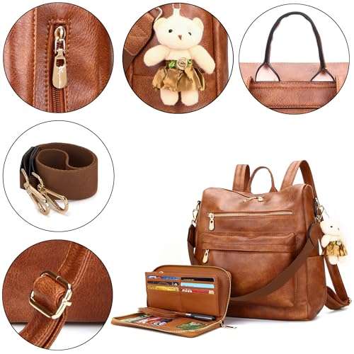 Image of Soperwillton Women Backpack Purse Shoulder Handbags Travel Bag Set 2pcs | Soft PU Leather,Large Capacity,Many Pockets,with a Functional Wallet,with a Detachable Shoulder Strap,Multipurpose Design