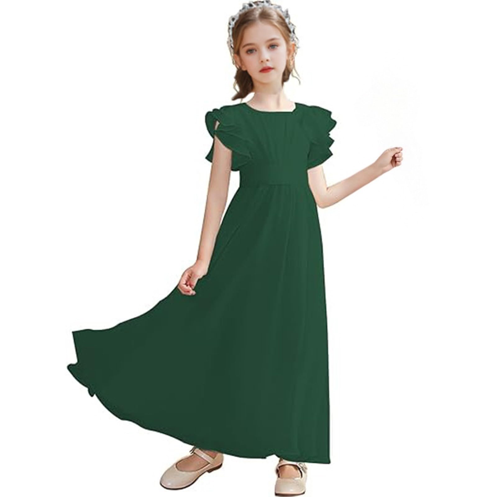 Abiti da ragazza di fiore Junior Abito da damigella d'onore Ragazze Abito da ballo Prom Bambini Flowy Manica a volant A-Line Pieghe Abiti da principessa Festa di compleanno Abiti da sposa