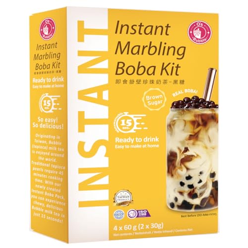 O’s Bubble Instant Marbling Boba Tee Kit mit braunem Zucker (4x 60g) | Bubble Tee | Mit Tapiokaperlen und Strohhalm