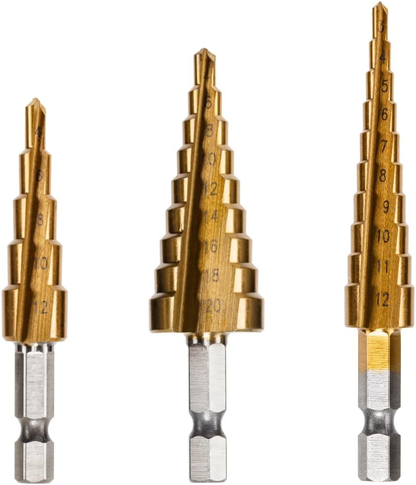 RENNIE TOOLS - 3 Piece Large HSS Step Cone Drill Set + Blue Nylon Storage Pouch / 3-12mm 4-12mm 4-20mm / Titanium (TiN) Coated Set Hole Cutter