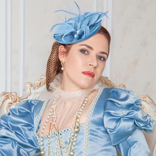 Zinniday Tea Party Hat for Women - 2025 Derby Fascinator with Detachable Headband (7.87 “x5.9” / Head Circumference 21.5“-23.5”) - Lightweight Feather & Polyester Light Blue