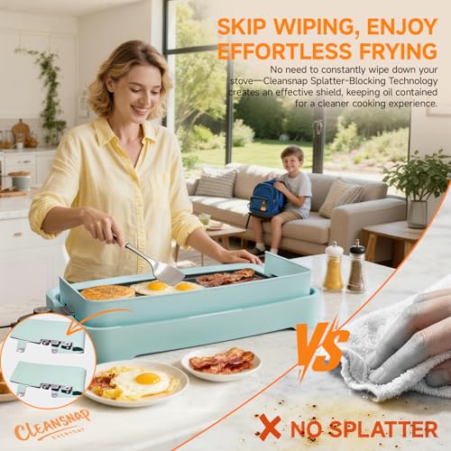 Image of Cleansnap Everyday Electric Griddle,The Ultimate Gift for Family Feasts - 20 inch Nonstick Grill with Foldable Anti-Mess Shield, Rapid 1700W Heat & PPG Ceramic Coating, Dishwasher Safe, Saga Blue