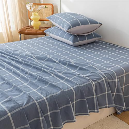 Daesar Conjunto de Sábanas Matrimonio Encimeras con 2 Fundas de Almohada,Patrón de Celosía Algodón Sábanas de Encimera Azul,200 x 230 CM