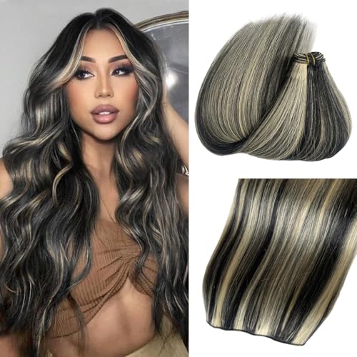 Weft Hair Extensions Human Hair for Women, 18 Inch 100g Straight Remy Black and 613 Blonde Highlights Sew in Hair Extensions, Double Weft Full Head Weave Hair...