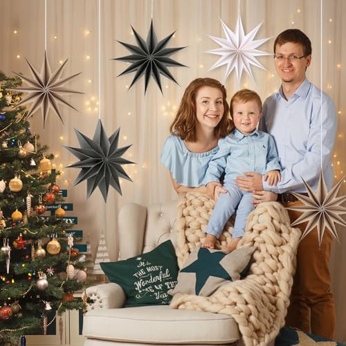 Image of 12 Inches 5 PCS Brown Grey White Paper Star Lanterns Christmas Hanging Lamp Rustic Paper Decorations Shade Wedding Birthday Christmas Home Party Decorations(12 Pointed)